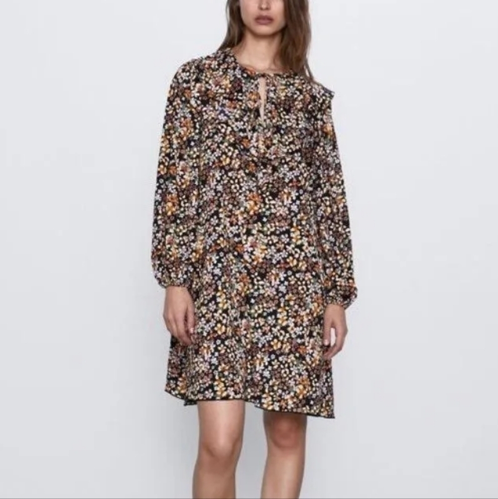 Zara Dainty Floral Cottage Long Sleeve Mini Swing Dress - Size Small